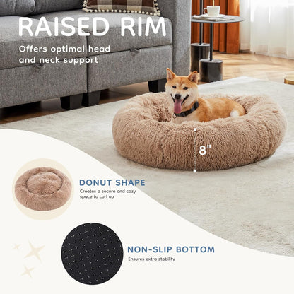DUMOS 24x24 Inch Calming Donut Dog Beds for Medium Dogs, Machine Washable Cuddler Warming Cozy Fluffy Faux Fur Plush Round Pet Bed, Anti-Slip Bed for Indoor Dogs and Cats, Brown