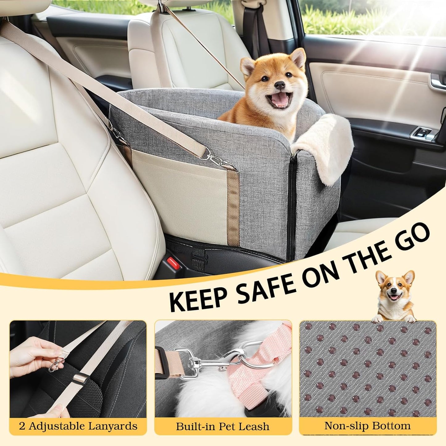 Dog Car Seat for Big Console, Non-Slip Center Console Dog Car Seat for Pickup and Trucks, Large Space Pet Bed for Puppies, Small Dogs, Cats Under 15 LBS, Grey