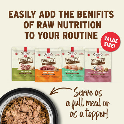 Primal Freeze Dried Raw Dog Food Nuggets, Turkey & Sardine Complete & Balanced Meal, Also Use as Topper or Treat, Premium, Healthy, Grain Free, High Protein Raw Dog Food, 30 oz