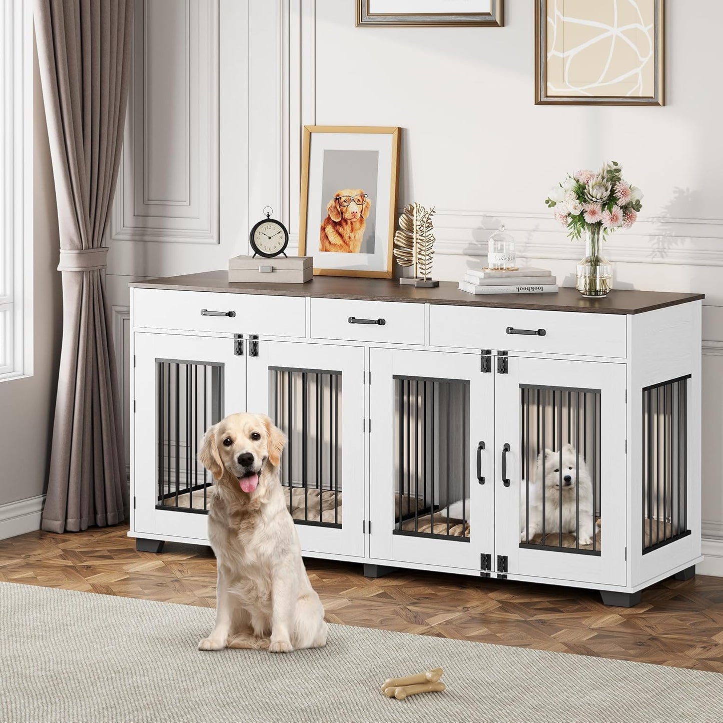 71" Double Dog Crate Furniture, Rustic Indoor Kennel with Removable Divider and 3 Storage Drawers for Medium Large Dogs
