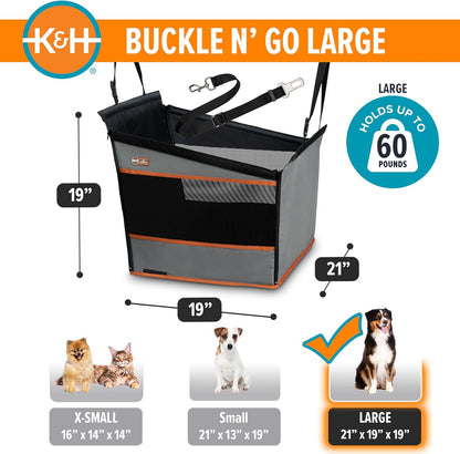 K&H Pet Products Buckle N Go Dog Car Seat for Large Dogs, Waterproof Fabric, Breathable Mesh Sides, Adjustable Seat Belt Leash, Carseat for Medium to Large Pets, Car Seat Cover - 21 X 19 X 19in