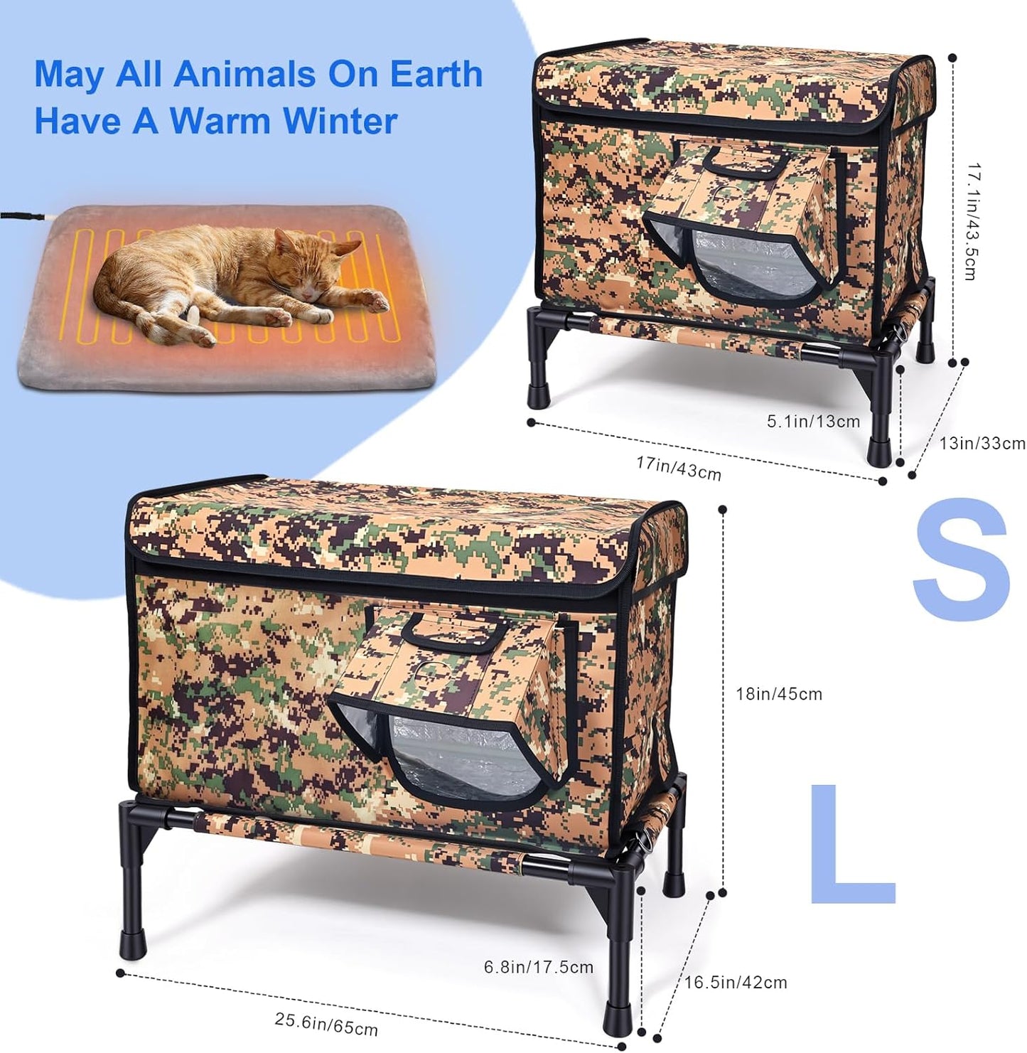 Elevated Heated Outdoor Cat House - 100% Weatherproof Insulated Outdoor Cat Shelter with Safe Escape Door & Removable Heating Pad, Warm Heated Cat House for Outside Stray/Feral/Barn Cat