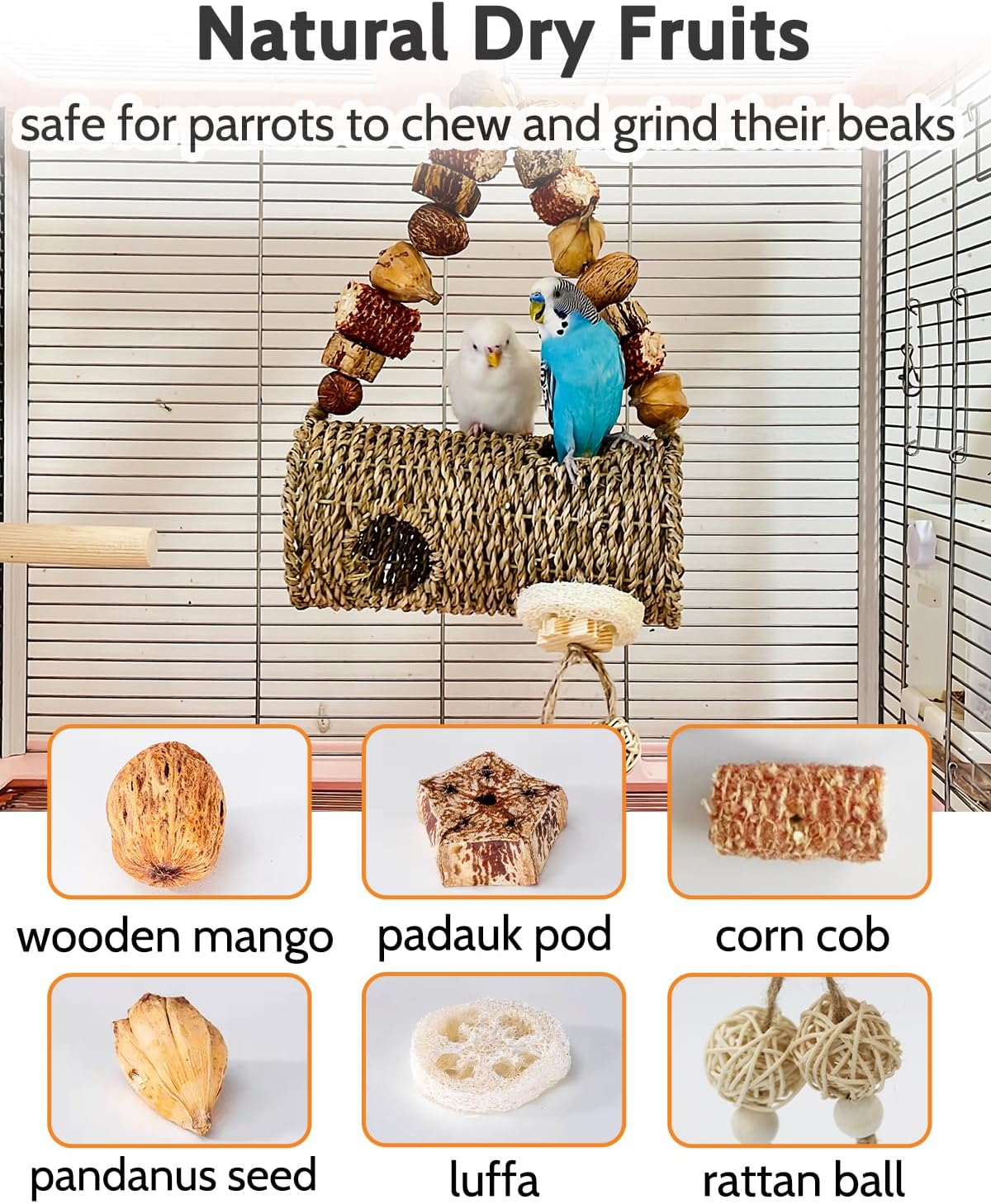 Bird Nest for Cage with Natural Chewing Toys, Hanging Bird Tunnel Bed with Sturdy Metal Frame & Handwoven Breathable Seagrass, Small Parakeet Bed for Lovebird, Canary, Budgie Rest & Chew & Play