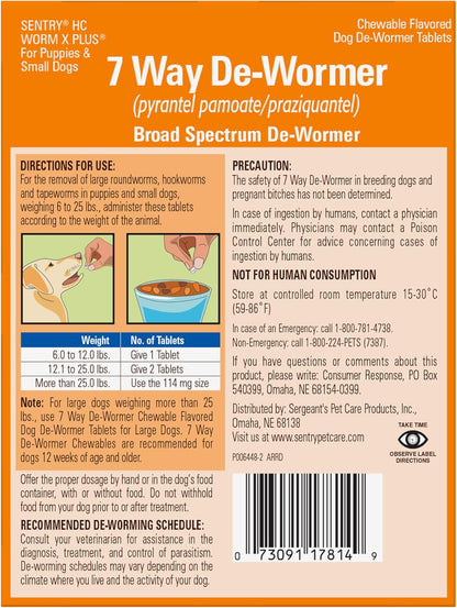 7 Way De-Wormer Chewables for Dogs - Tablets for Small Dogs & Puppies (6-25 lbs) (pyrantel pamoate/praziquantel), 6 Count
