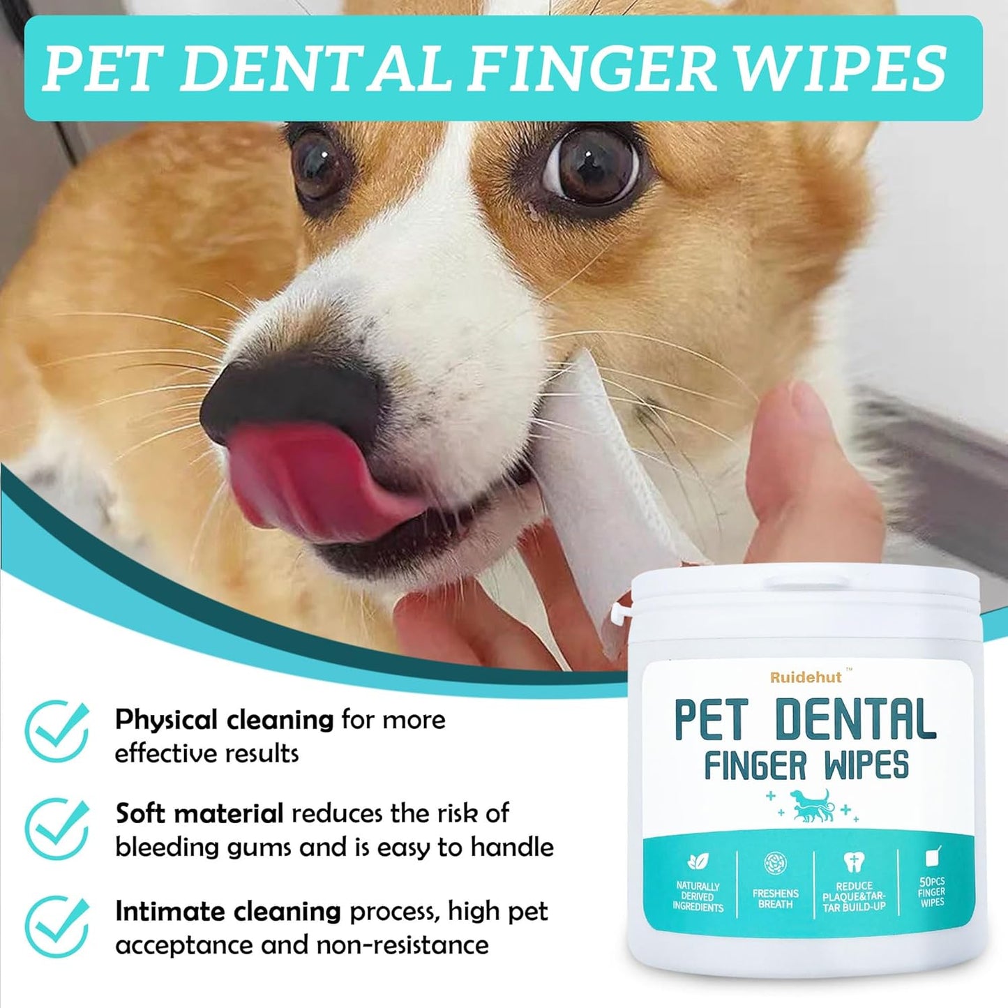 Dog Dental Kit, Dental Powder Contains Probiotics That Solve Bad Breath Through Internal Digestion, Finger Wipes Remove Plaque and Tartar from The Surface (50 Count & 7.05oz)