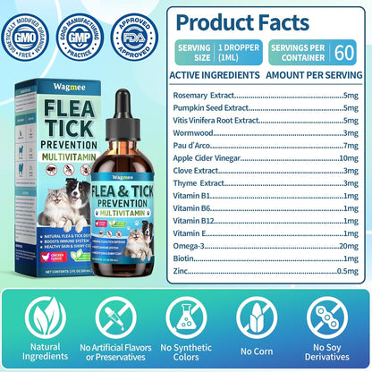 Oral Flea & Tick Support for Dogs and Cats, Natural Flea and Tick Prevention with Multivitamins - Flea Herbal Supplement Drops for Healthy Skin & Shiny Coat Support - All Breeds and Ages - Chicken