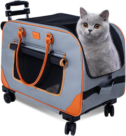 Large Cat Carrier with Wheels Pet Dog Rolling Carriers for Extra Large Cat Carrier Small Bag Small Dogs Up to 38 Lbs 24"X 13.8"X 15.4" Double Trolley Case Travel Walking and Camping(NOT for TSA)