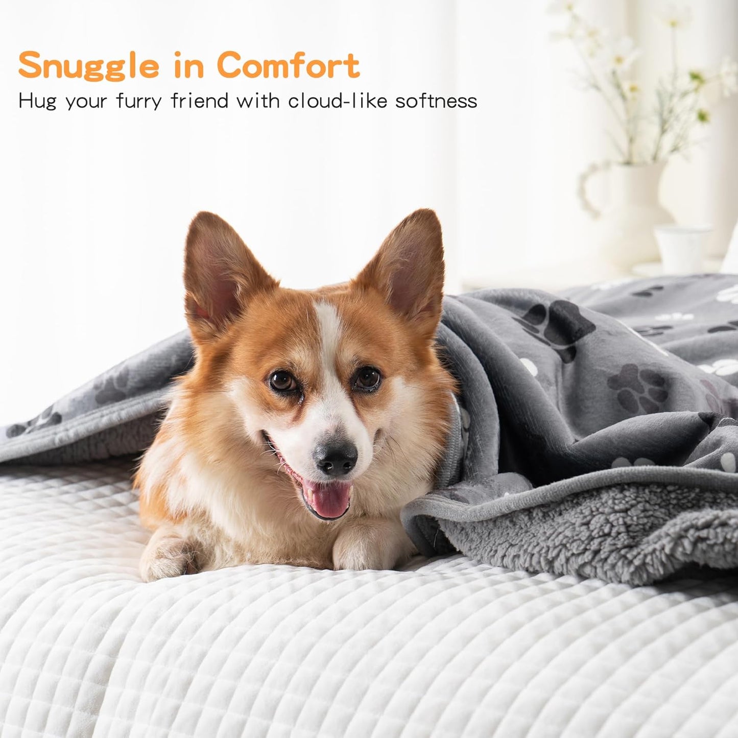 Waterproof Dog Blankets Pet Blanket, Soft Fluffy Sofa Car Bed Protector, Reversible Sherpa Fleece Dog Blanket for Large Dogs (Dark Grey-Paws, 50"x60")