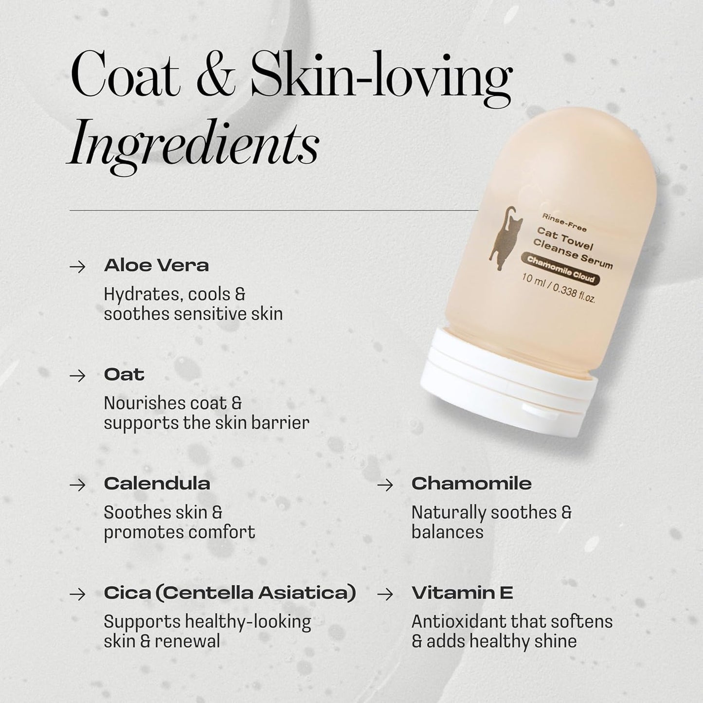 Cat Rinse-Free Shampoo & Conditioner – Dry Shampoo Towel Cleanse for Sensitive Skin, Stress & Itch Relief Gentle Leave-in Serum – 98.65% Naturally Derived, Hydrate & Deodorize – 8 x 10ml