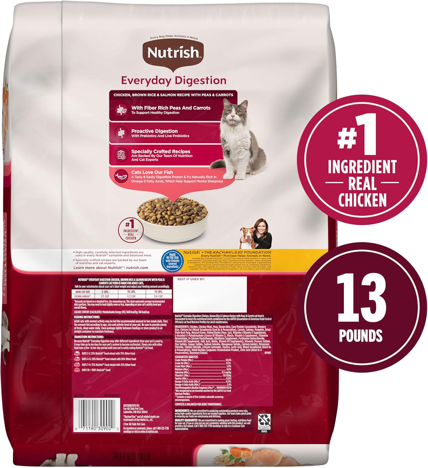 Nutrish Everyday Digestion Chicken Brown Rice and Salmon Recipe with Peas and Carrots Dry Cat Food, 13 lb. Bag, Packaging May Vary (Rachael Ray)