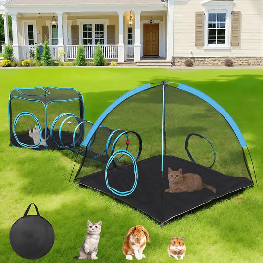 Outdoor Cat Enclosure, 3-in-1 Catio Outdoor Cat Enclosure with Tunnel for Outside and Indoor, Cat Tent Portable Catio Pet Playpen with Storage Bag for Kitty and Small Animals