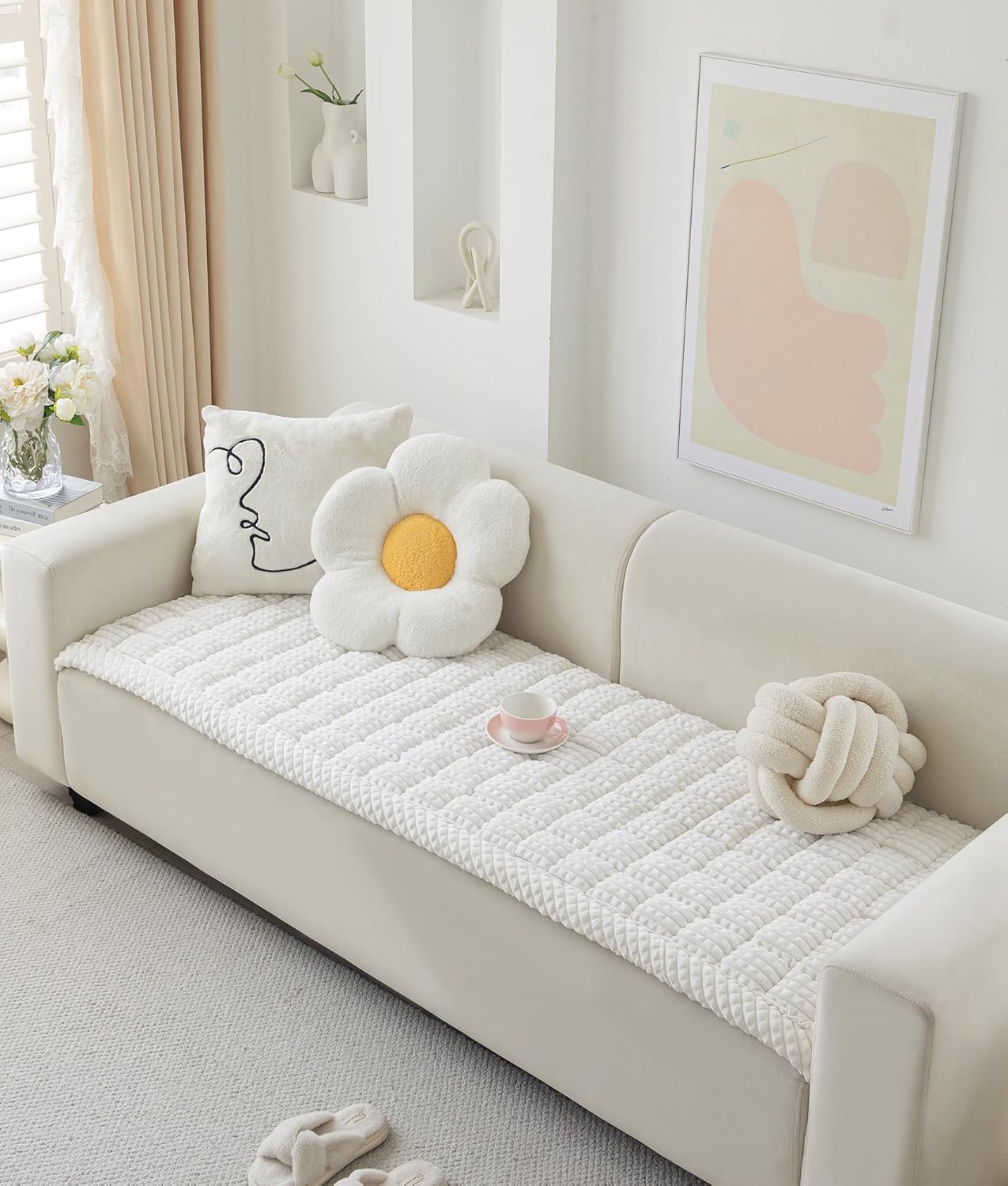 Couch Cover for Dogs Washable, Fuzzy Pet Cover for Sofa, Covers for 3 Cushion Couch Pet Friendly, Non Slip Dog Bed Mat Blanket (White, 27.6x70.9 inch)