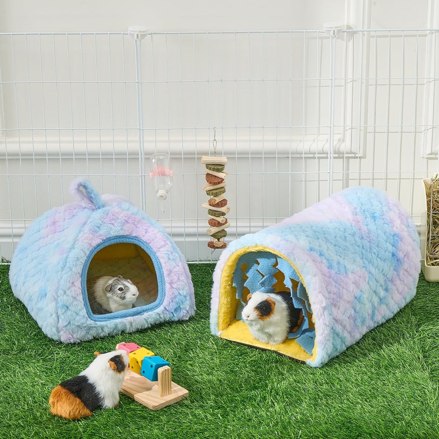 Avont 2 Pack Guinea Pig Hideout Bed and Tunnel Toys Set with Curtain, Washable Soft Plush Bunny Hideaway House Tube Cage Accessories for Small Animal Pet, Rabbits Chinchilla Hamster Ferret Rat -Blue