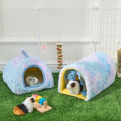 Avont 2 Pack Guinea Pig Hideout Bed and Tunnel Toys Set with Curtain, Washable Soft Plush Bunny Hideaway House Tube Cage Accessories for Small Animal Pet, Rabbits Chinchilla Hamster Ferret Rat -Blue