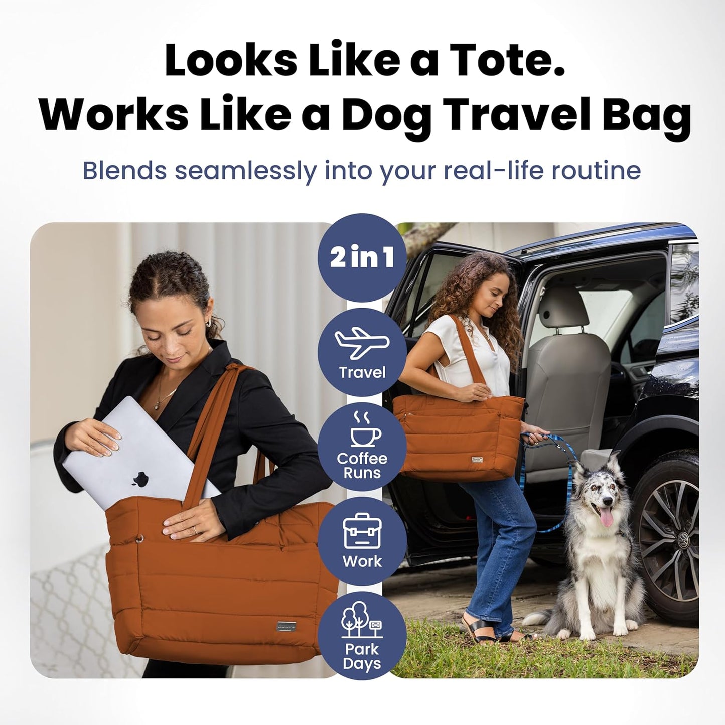 rubyloo Dog Mom Essentials Bundle - Puffer Tote with Storage Containers (Rust) and 32 oz Water Bottle with Detachable Bowl (I Love My Dog) - Travel Bag and Hydration Set