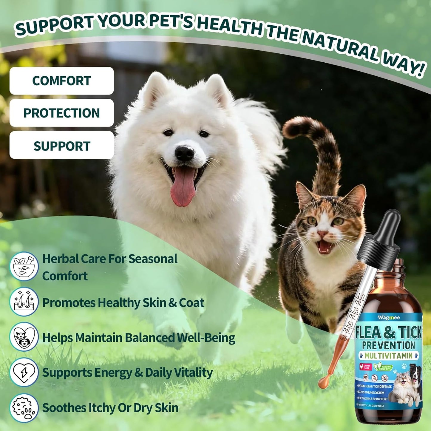 Oral Flea & Tick Support for Dogs and Cats, Natural Flea and Tick Prevention with Multivitamins - Flea Herbal Supplement Drops for Healthy Skin & Shiny Coat Support - All Breeds and Ages - Chicken