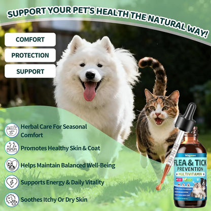 Oral Flea & Tick Support for Dogs and Cats, Natural Flea and Tick Prevention with Multivitamins - Flea Herbal Supplement Drops for Healthy Skin & Shiny Coat Support - All Breeds and Ages - Chicken