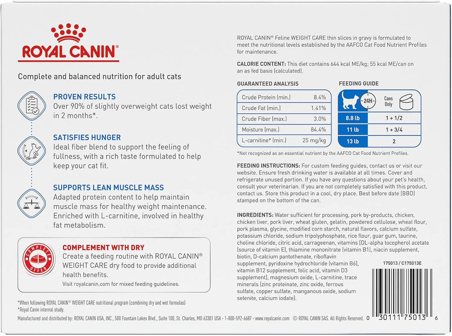 Royal Canin Feline Care Nutrition Weight Care Adult Thin Slices in Gravy Cat Food, 3 oz (Pack of 12)