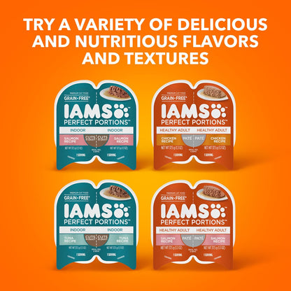 IAMS Perfect Portions Indoor Adult Wet Cat Food Cuts in Gravy Variety Pack, Salmon and Tuna Recipes, 2.6 oz. Easy Peel Twin-Pack Trays (12 Count, 24 Servings)