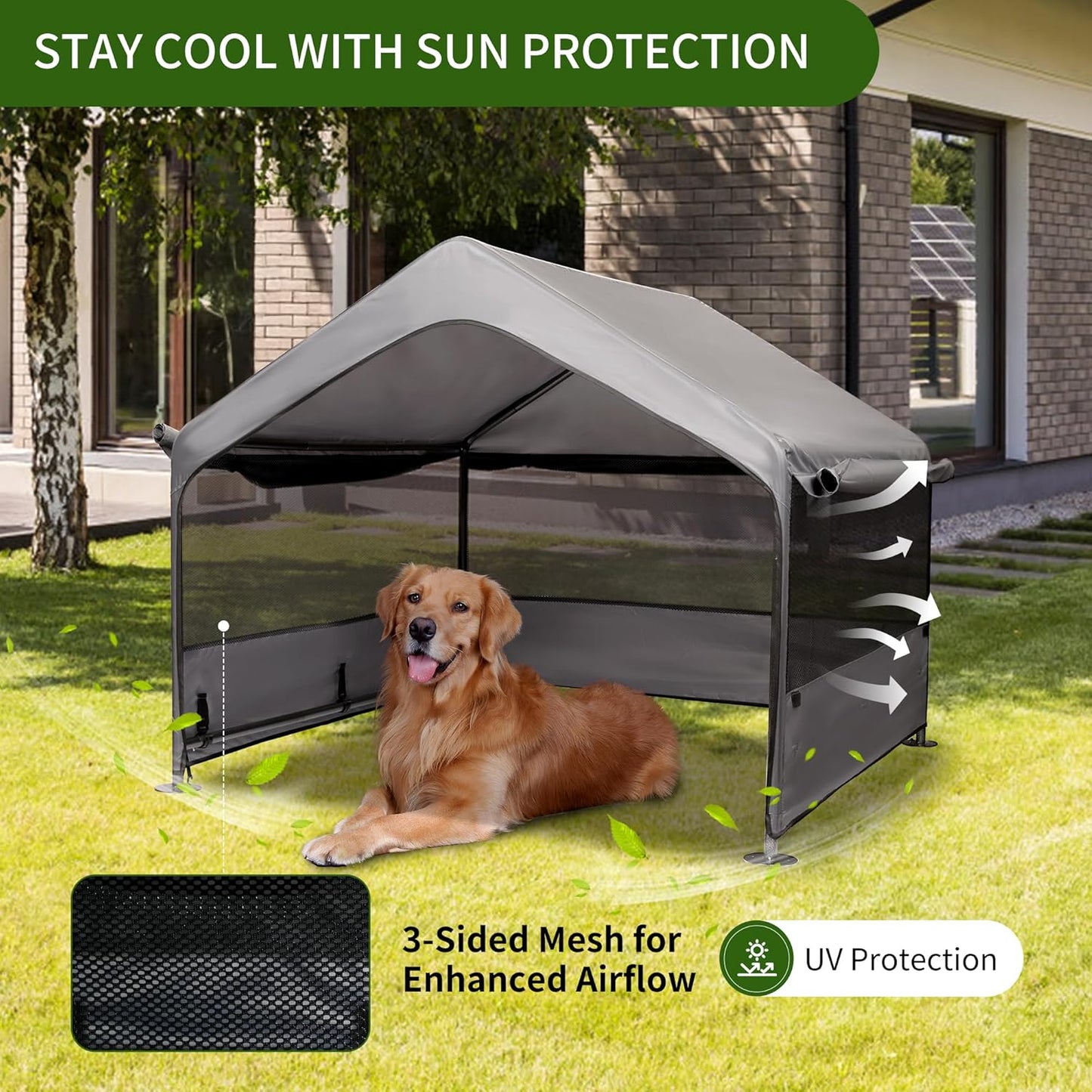 Summertrail Extra Large Dog House Outside, Dog Tent Outdoor, Big Dog Shade Shelter Doghouse Canopy with Three-Sided Breathable Mesh Windows, Gray Sun Rain Cover for Pet Cat Livestock 4'x 4'x 3.3'