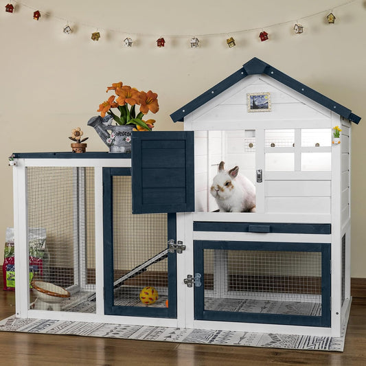 Bunny Hutch Indoor Outdoor Rabbit Cage Chicken Coop Animal House with Wire Floor Above Pull-Out Tray, Chew-Resistant Ramp & Entrance, Openable Waterproof Roof & UV-Resistant Roof
