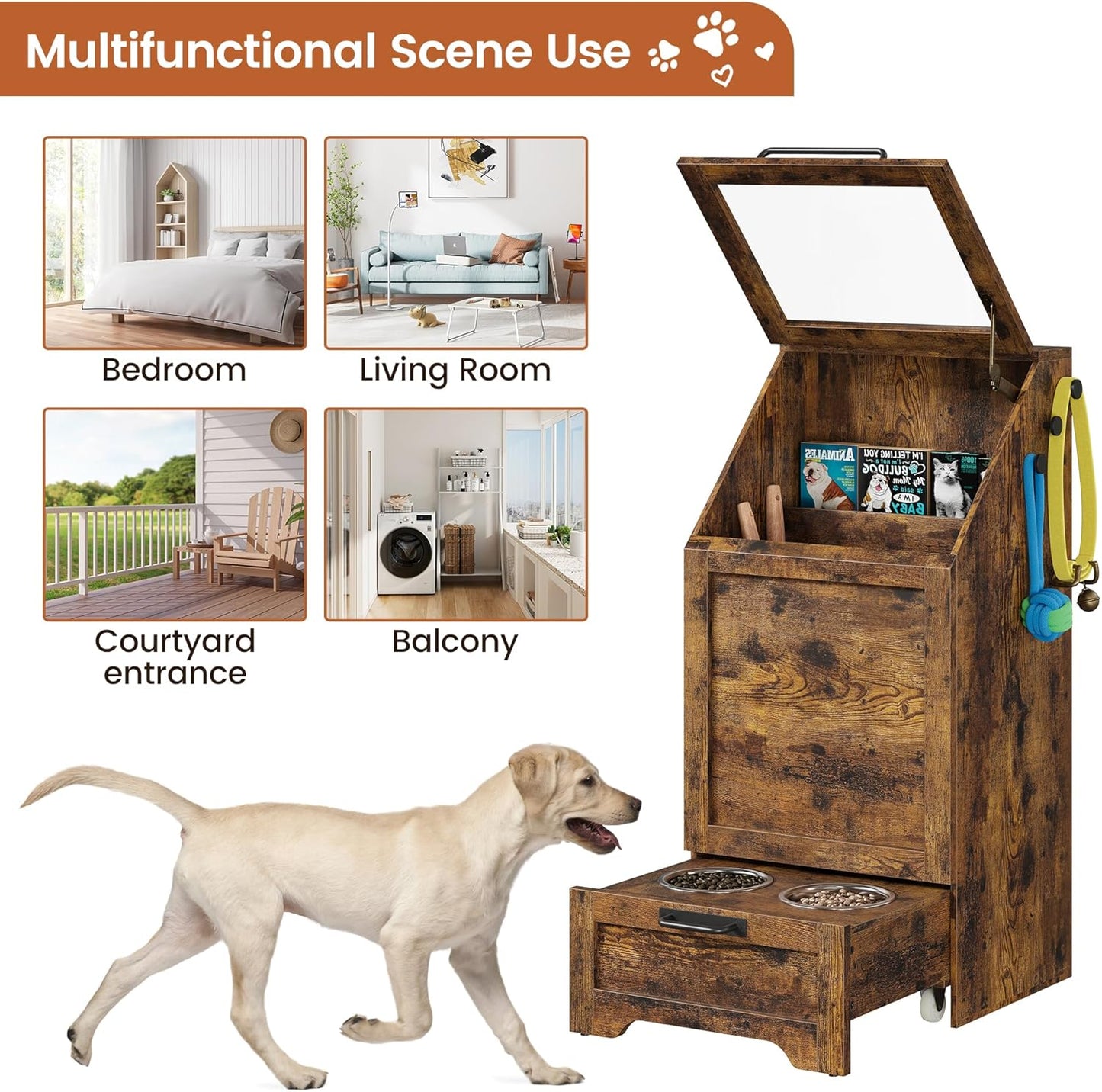 Dog Feeding Station with 2 Elevated Dog Bowls, Pet Feeding Station with Storage Cabinet Organizer, Flip-Up Lid, Anti-Toppling Design, for Pet Food and Pet Supplies, Rustic Brown