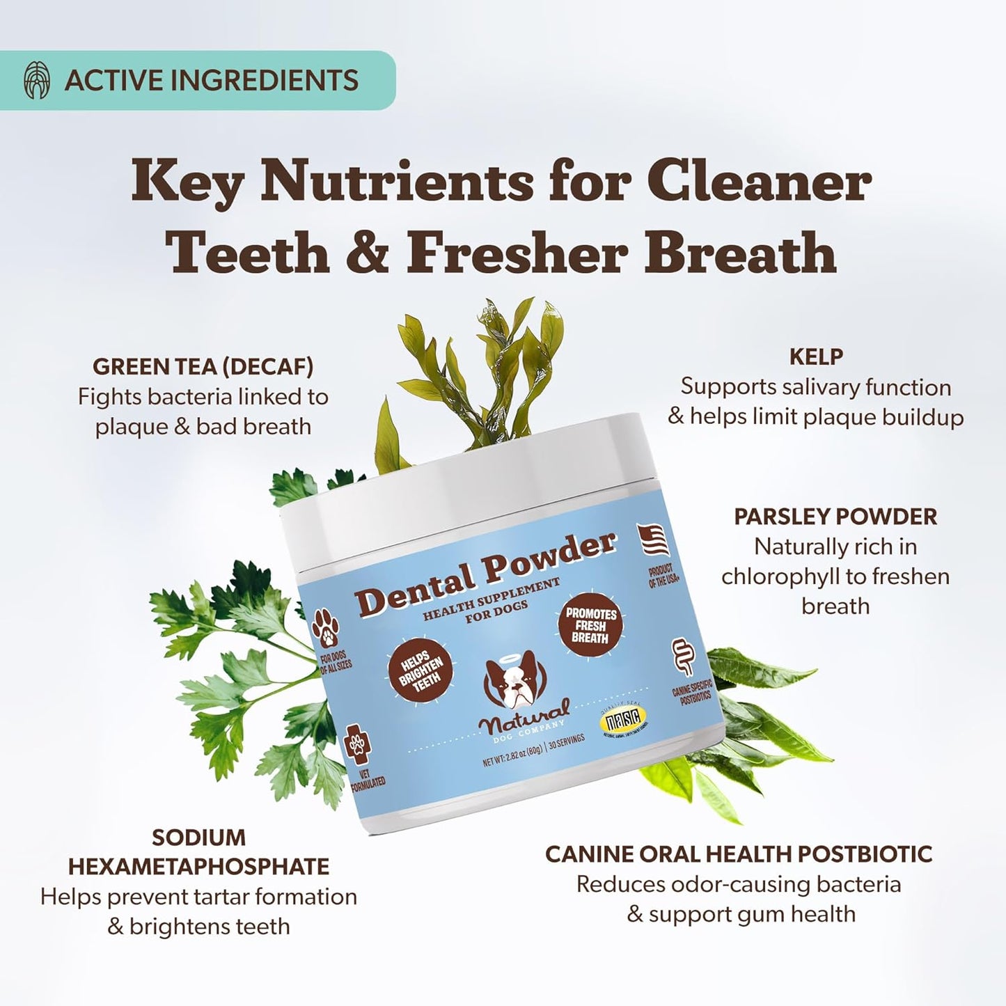 Natural Dog Company Dental Powder for Dogs – Freshens Breath & Helps Reduce Plaque & Tartar, Natural No-Brushing Canine Oral Health Postbiotic Supplement, Vet Formulated, Made in USA, 30-Day Supply