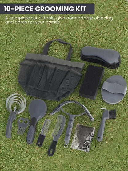 Horse Grooming Kit 12 Pcs – Complete Horse Brushes & Care Supplies Set with Organizer Tote Bag, Equine Coat Grooming Tools, Tack Room Equipment & Gifts for Horse Owners & Lovers