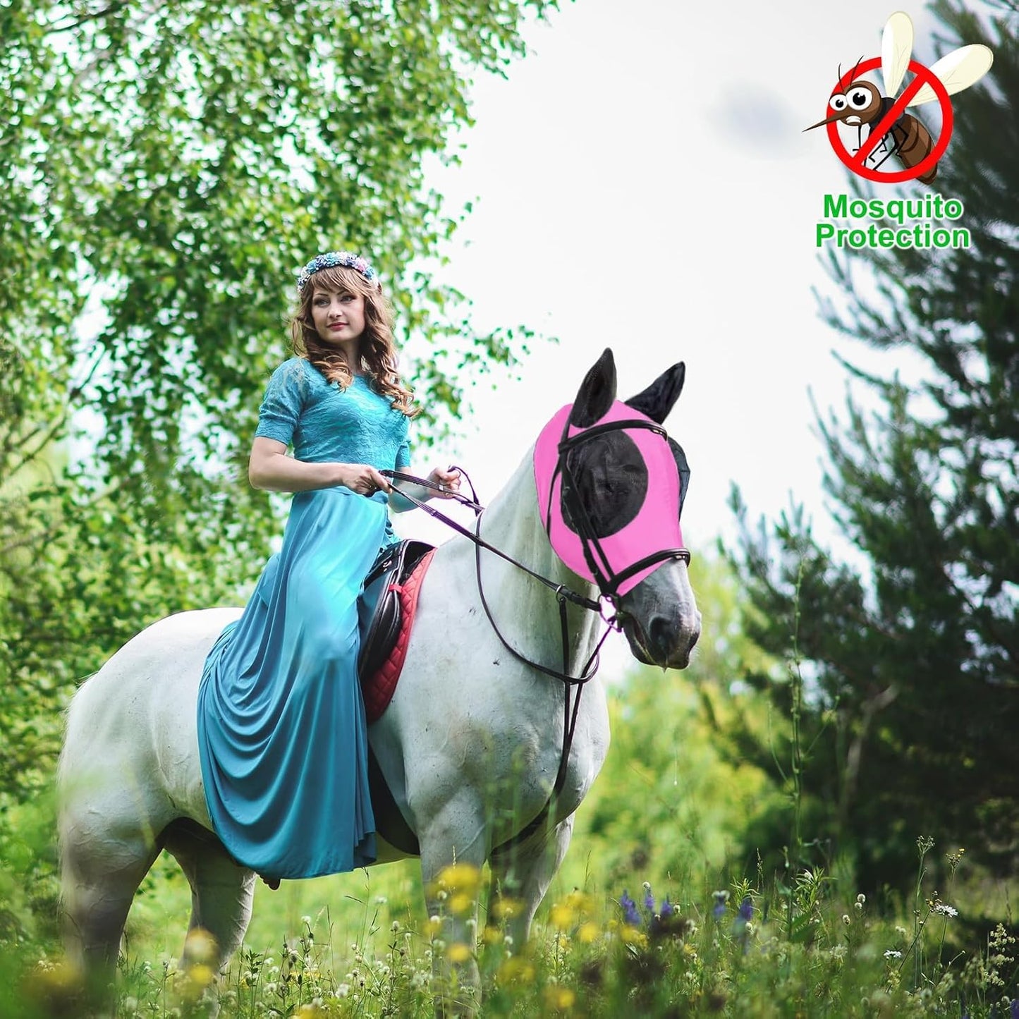 Fly Masks for Horses with Ears Set of 3, Comfort Fit Stretchy Fabric with UV Protection Soft on Skin Breathability for Average Size Horses (Red-Black-Pink, Large)