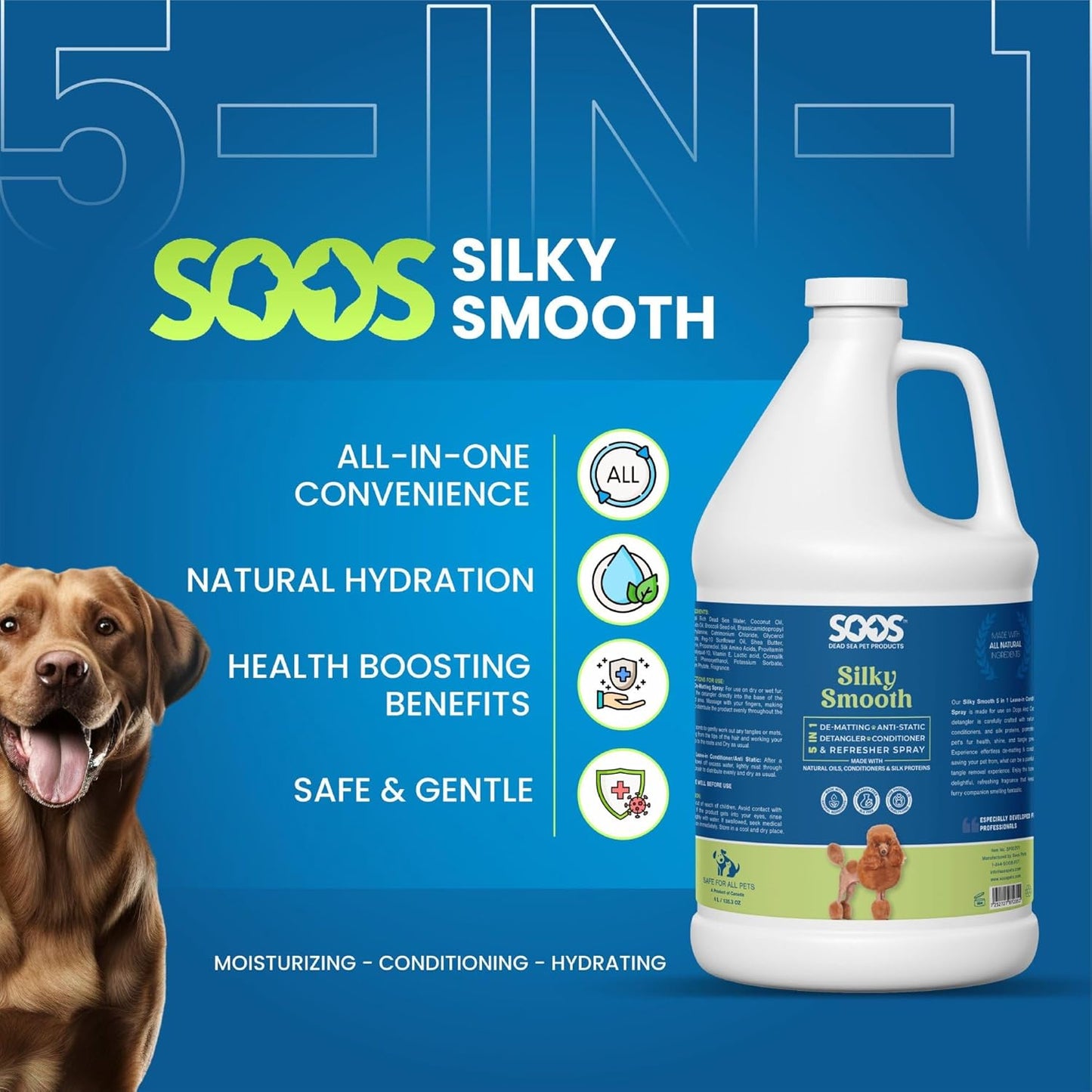 SOOS Pet Silky Smooth 5-in-1 Leave-On Conditioning Spray for Dog & Cat | Moisturizing, Anti-Itch, Softens Coat, Natural Ingredients | Pet Grooming Essentials | No Spray Bottle Included - 4L