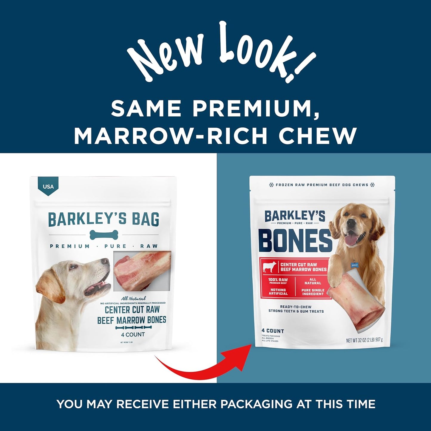 Barkley's Bag Beef Marrow Bones, Frozen Dog Treats, Single Ingredient Center Cut Beef Bone, Raw Natural Chew for Dogs, Keep Frozen, Pure Bold Taste, 4 Count Bag