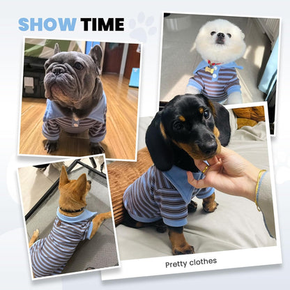 Fleece Dog Sweatshirt with Leash Ring Lightweight Stretchy Dogs Polo Shirt Striped Sleeves Pet Clothes Soft Dog Sweaters for Small Medium Dogs（Blue,Large）
