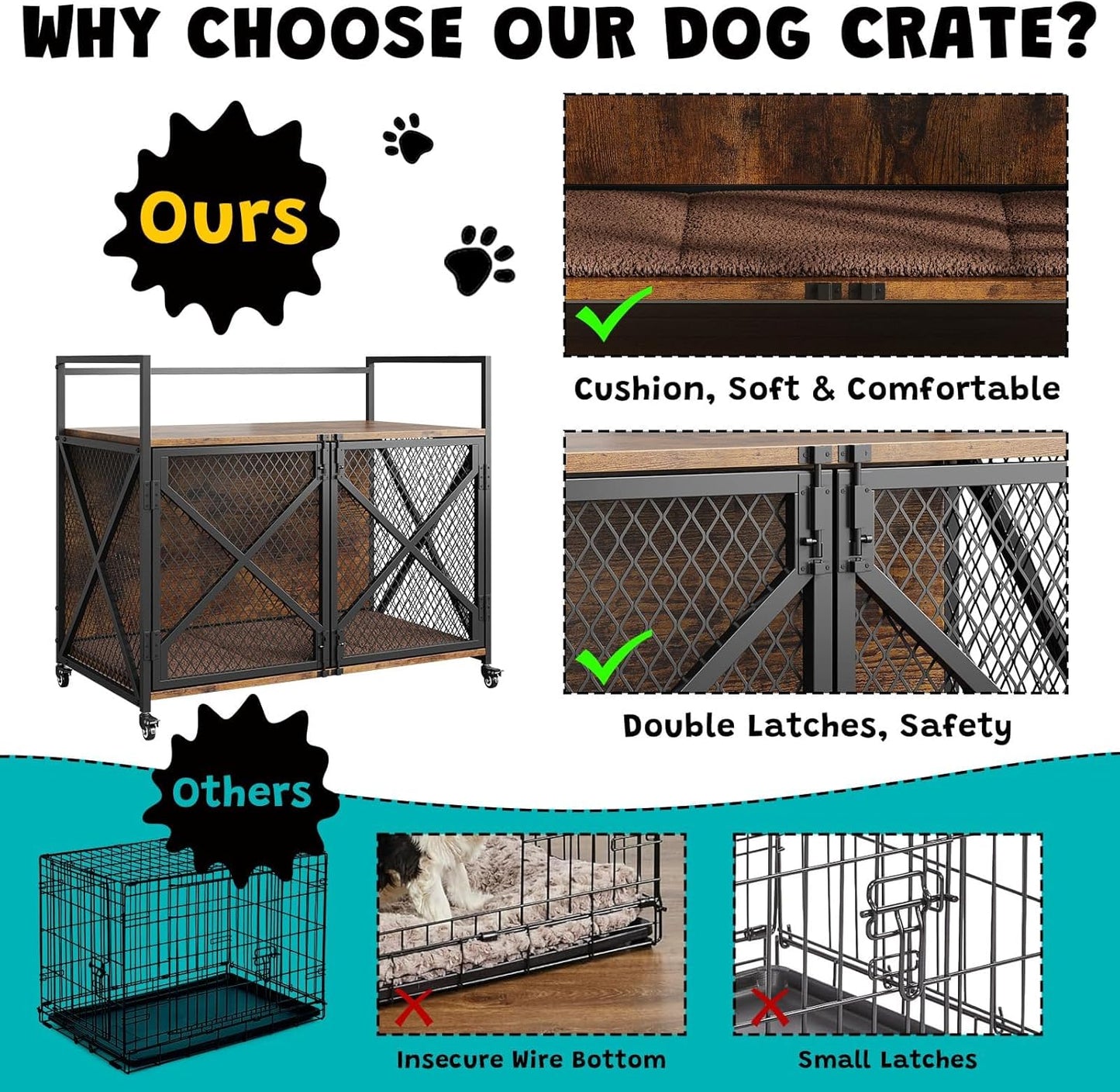 41'' Heavy Duty Dog Crate Furniture with Lockable Wheels, Decorative Wooden Dog Cage End Table, Double Door Indoor Pet Kennel with Cushion for Small, Medium & Large Dogs Up to 100 Lbs