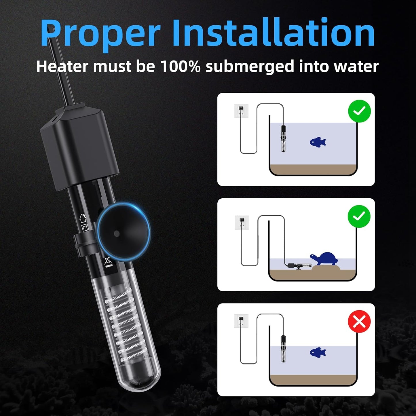 Fish Tank Heater for Aquarium - 50W Aquarium Heater, Small Submersible Tank Heaters with Mini Aquariums Thermometer for Betta Turtle Saltwater Freshwater 5-10 Gallon Tanks(Preset 78℉)