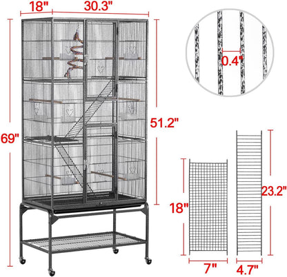 Yaheetech 69-Inch Extra Large Wrought Iron 3 Levels Ferret Chinchilla Sugar Glider Squirrel Small Animal Cage with Cross Shelves and Ladders, Black