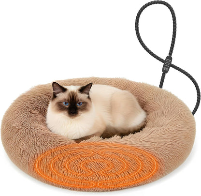 Heated Cat Bed for Indoor Cats, 23-inch Cozy Donut with USB Power, Adjustable Temperature & Timer, Machine Washable Cover for Small & Medium Cats (Camel)