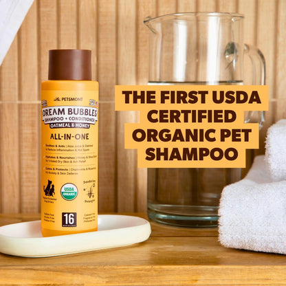 Petsmont Dream Bubbles Organic Shampoo + Conditioner for Dogs and Cats - Oatmeal Shampoo for Sensitive Skin, Anti Itch Conditioner 2 in 1 Dog Itch Relief - 16oz