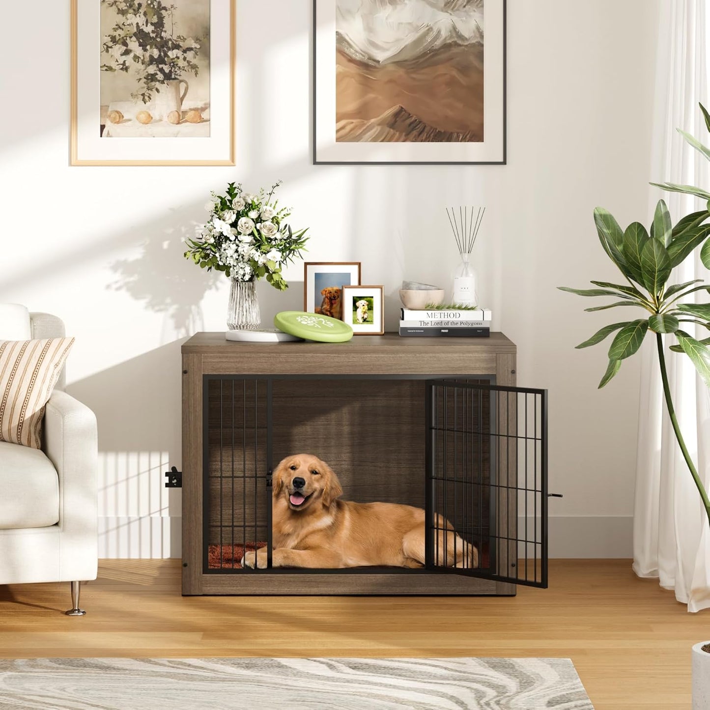 Greesum Modern Dog Crate Furniture That Doubles as a Side Table - Sturdy Wooden Kennel with Front & Side Door Access, Plush Cushion & Chew-Resistant Design for All Dog Sizes