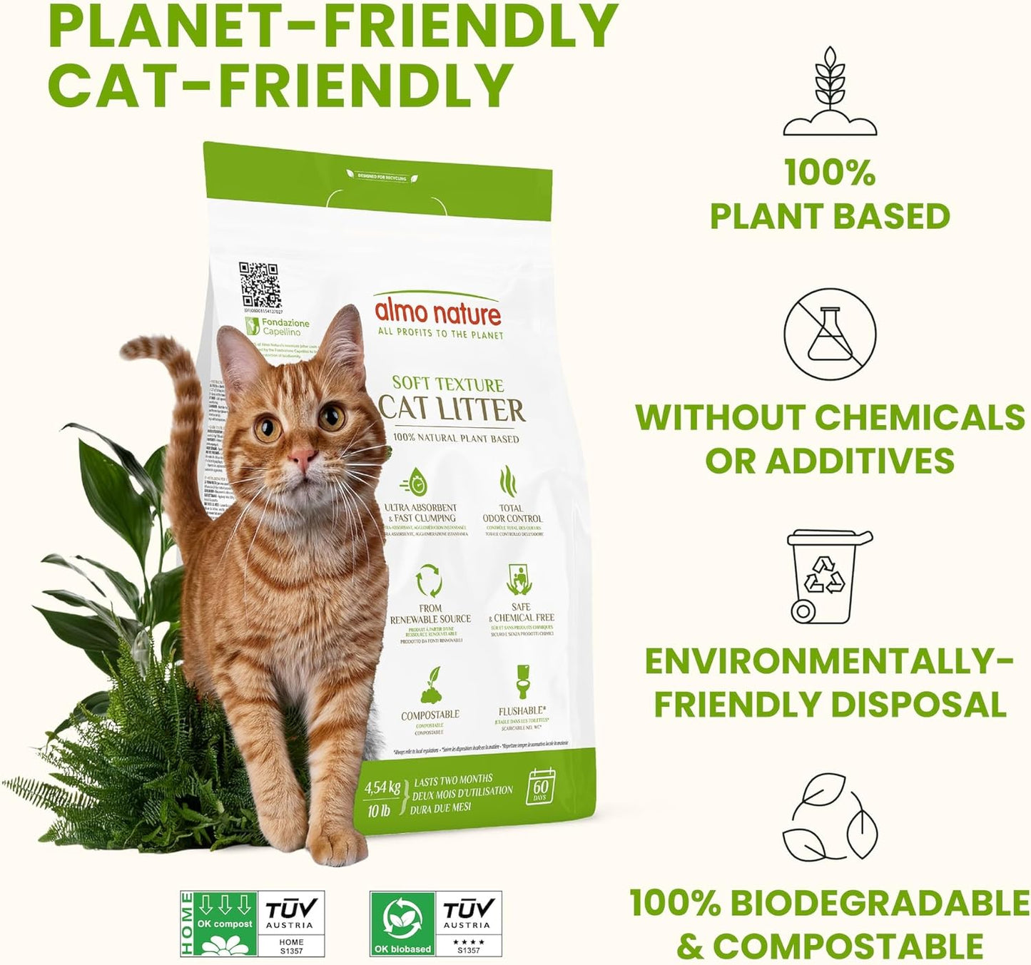 Almo Nature Soft Texture Cat Litter 10 lbs - Plant-Based, Clumping, Biodegradable, Non-Toxic, Compostable, Eco-Friendly, Odor Control, Low Dust, Safe for Cats & Kittens