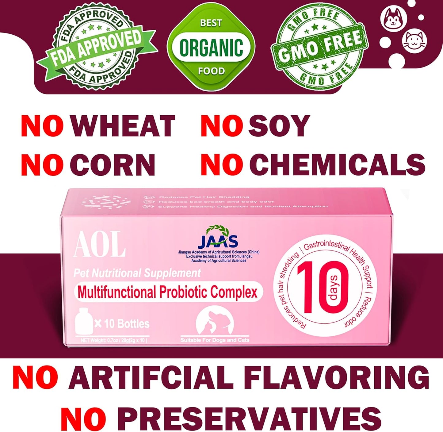 Probiotics for Dogs & Cats, 3 in 1 Formula, Improve Hair Loss, Itchy Skin, Improves Bad Breath, Body Odor, with Iron, Zinc, Manganese & Vitamin C, Gut Health, Yeast Balance(10 Bottles)，【Daily use】