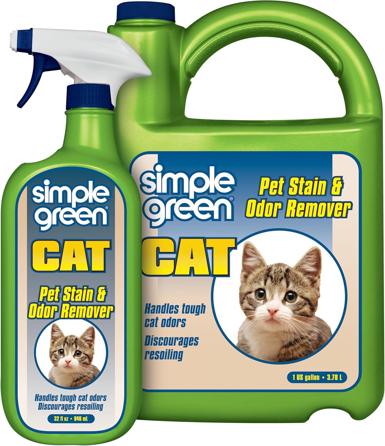 Simple Green Cat Stain & Odor Remover - Enzyme Cleaner for Cat Urine, Feces, Blood, Vomit (32 oz Sprayer & 1 gallon Refill)