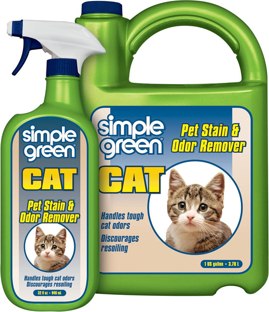 Simple Green Cat Stain & Odor Remover - Enzyme Cleaner for Cat Urine, Feces, Blood, Vomit (32 oz Sprayer & 1 gallon Refill)