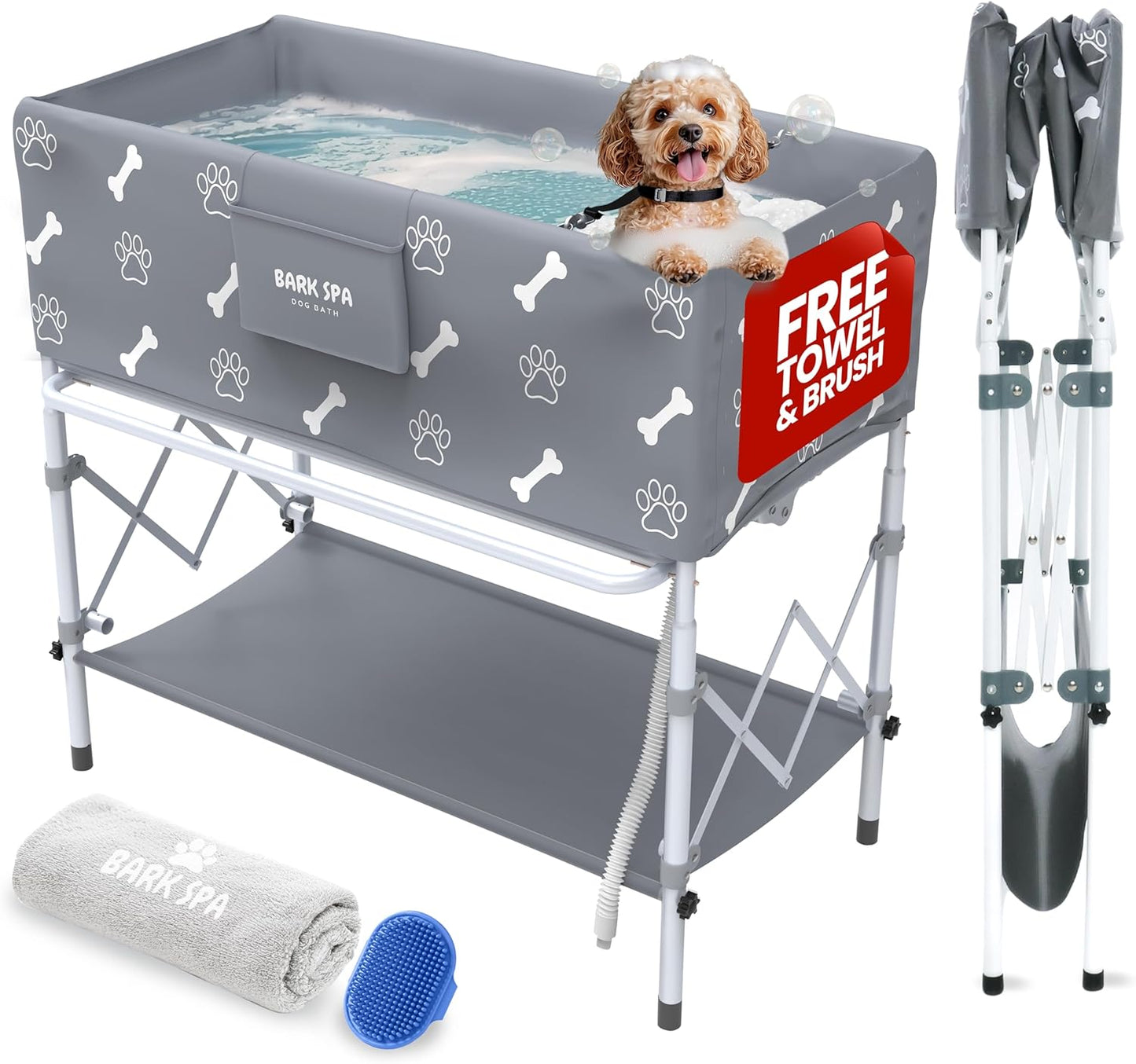 Dog Bath Tub - Free Brush & Towel – Foldable & Portable Dog Washing Station – Lightweight Elevated Design for Indoor & Outdoor Grooming