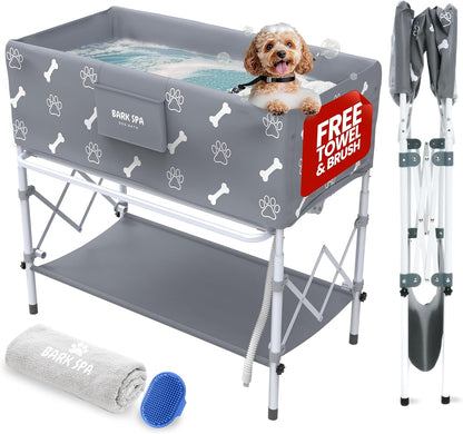 Dog Bath Tub - Free Brush & Towel – Foldable & Portable Dog Washing Station – Lightweight Elevated Design for Indoor & Outdoor Grooming