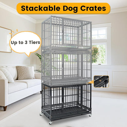Stackable 36 Inch Dog Crate for Medium/Small Dogs, Heavy Duty Indestructible Dog Cage with Top Access & Lockable Wheels, Escape Proof Dog Kennel Indoor with Auto-Lock, Metal Grids & Leak-Proof Tray