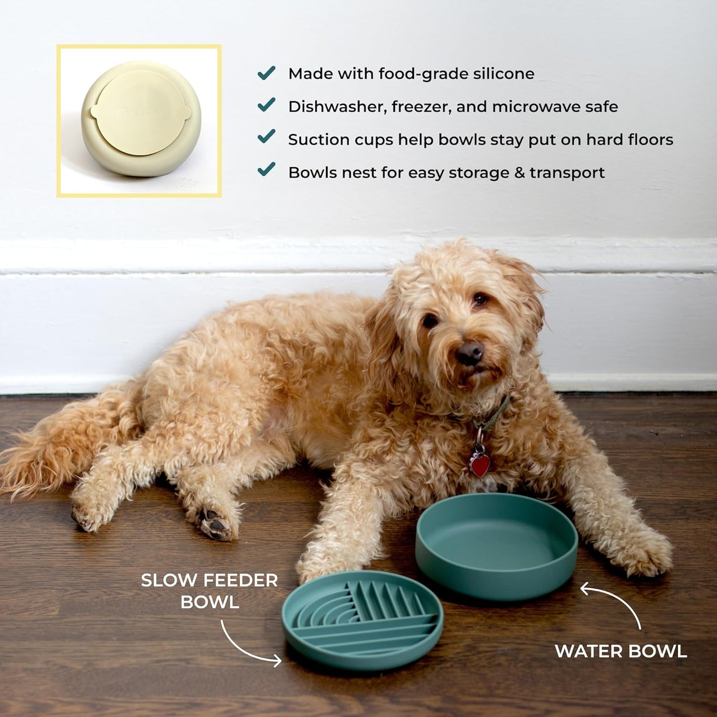 Slow-Feeder & Water Bowl Set by The Dog Tale | Food-Grade Silicone Dog Bowls, BPA-Free, Dishwasher Safe, Freezer Safe (Oatmeal)
