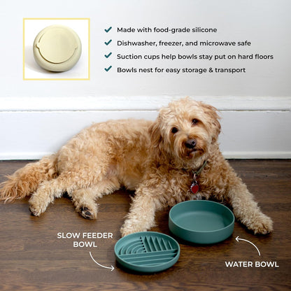 Slow-Feeder & Water Bowl Set by The Dog Tale | Food-Grade Silicone Dog Bowls, BPA-Free, Dishwasher Safe, Freezer Safe (Oatmeal)