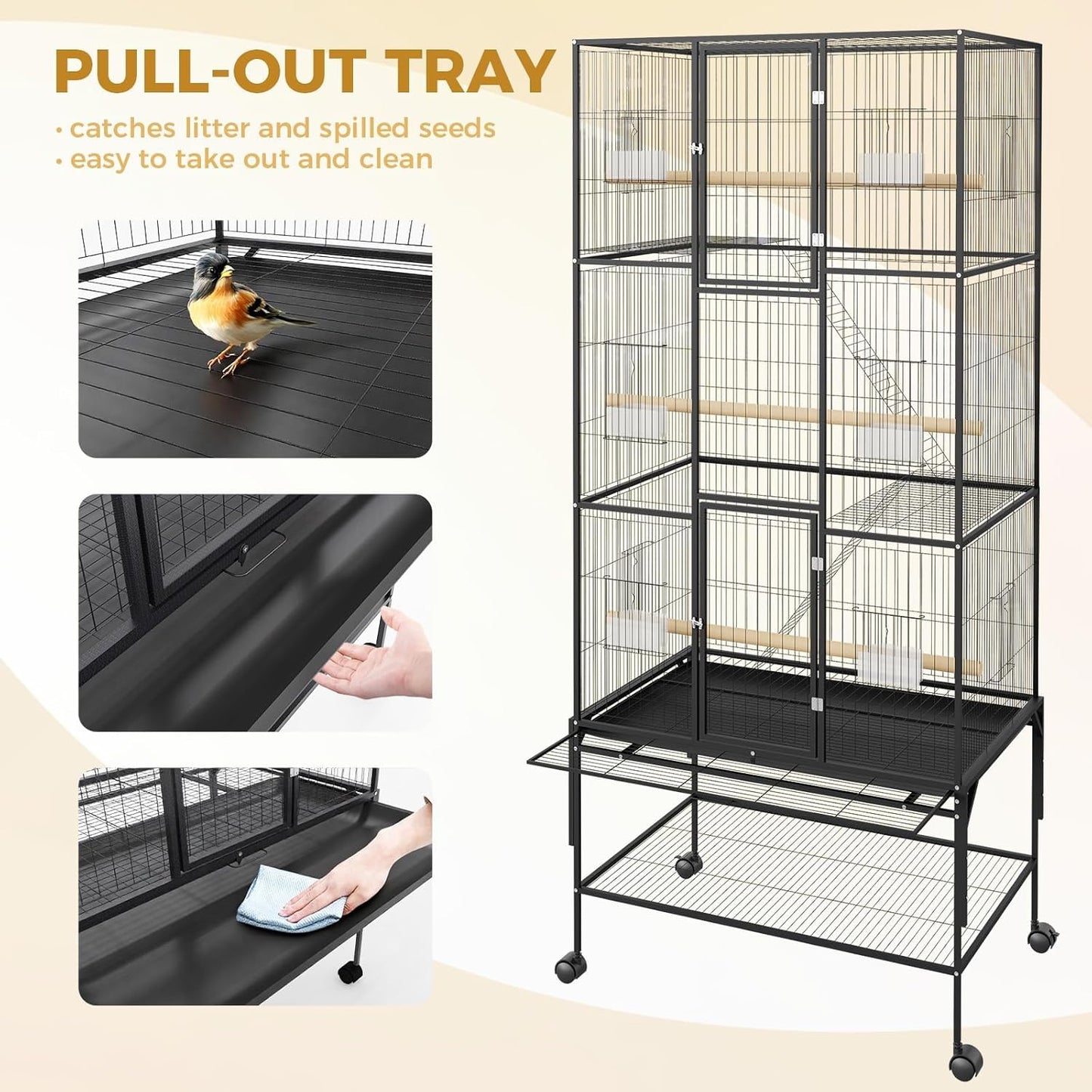 69-Inch Large Bird Cages with Storage Shelf, Feed Bowls – Rolling Parrot Cage for Macaws, Cockatiels, Conures, Parakeets, Budgies & Finches