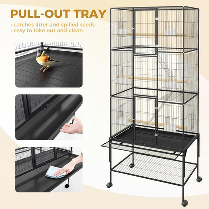 69-Inch Large Bird Cages with Storage Shelf, Feed Bowls – Rolling Parrot Cage for Macaws, Cockatiels, Conures, Parakeets, Budgies & Finches