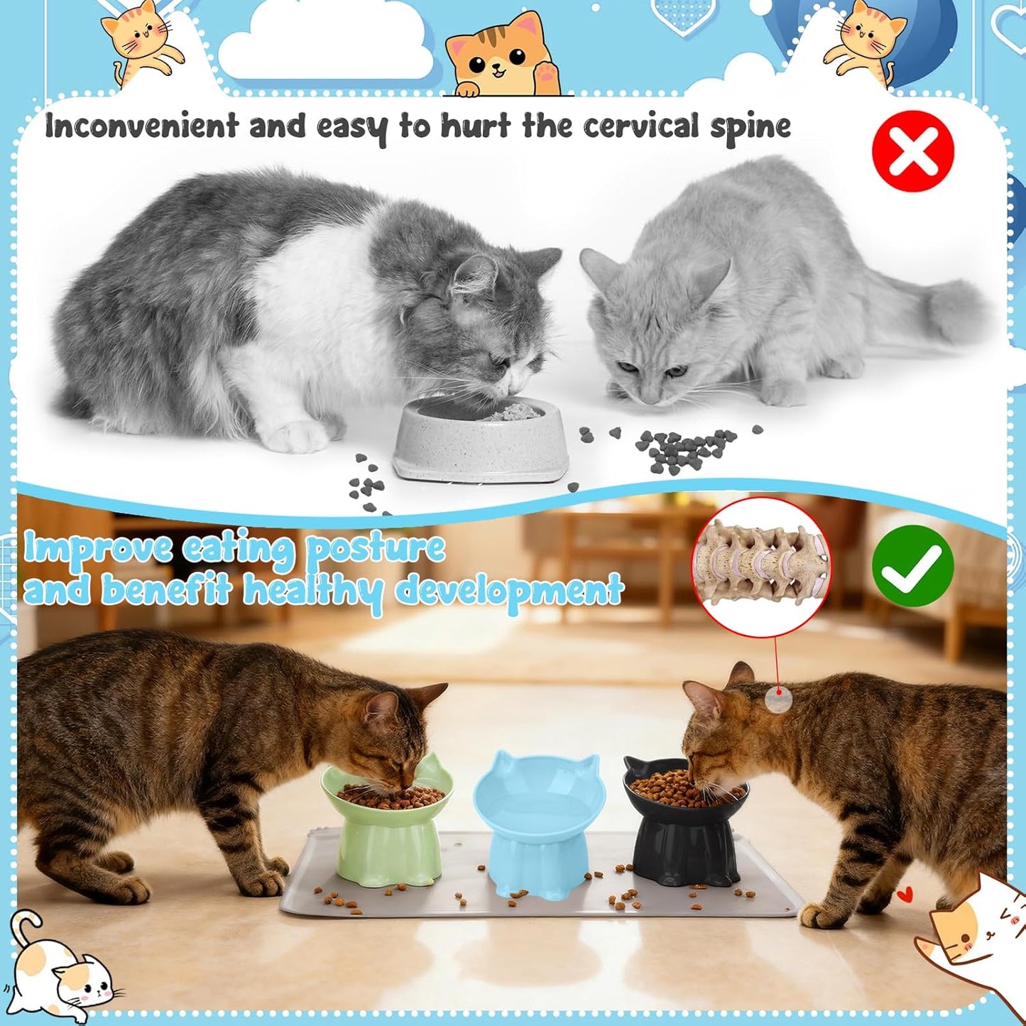 3 Pcs Elevated Cat Bowls 15°Raised Cat Food Bowl with Silicone Mat Whisker Friendly Anti Vomiting Cats Dishes Pet Food and Water Bowls for Indoor Cats Kittens Classic Blue, Black, Green Colors